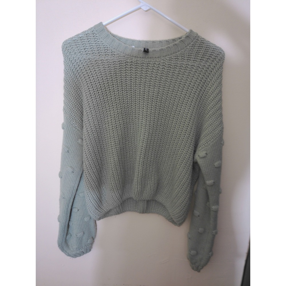 Moon & Madison Sweater Womens M Sage Green Bobble Sleeve Shaker Knit Whimsical